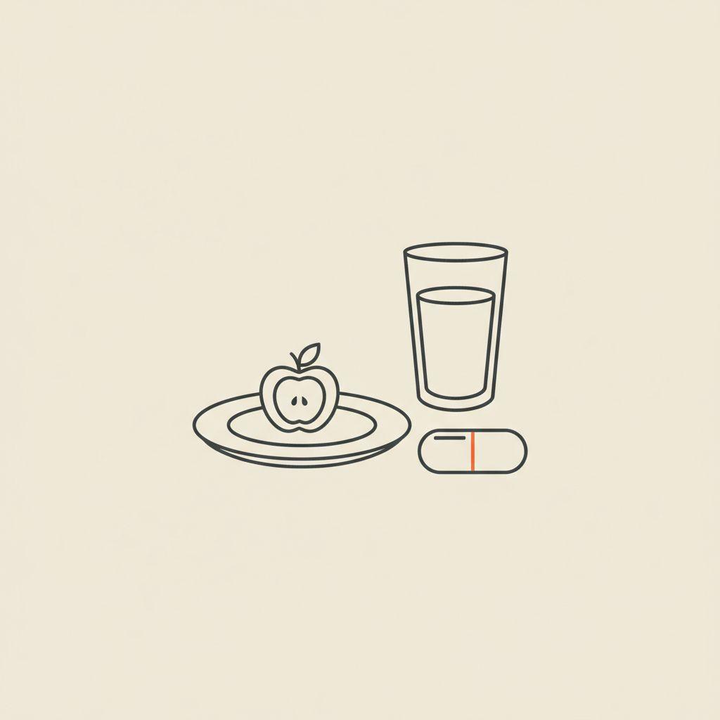 Minimalist Tonum-style vector line illustration of a plate with an apple slice, a water glass, and an apple cider vinegar pill capsule on beige background #F2E5D5.