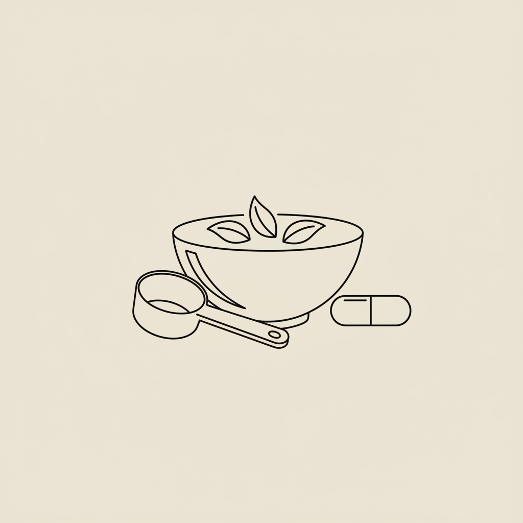 Minimalist line illustration of a bowl of oats, protein scoop and capsule on beige background representing protein powder for belly fat and weight management.