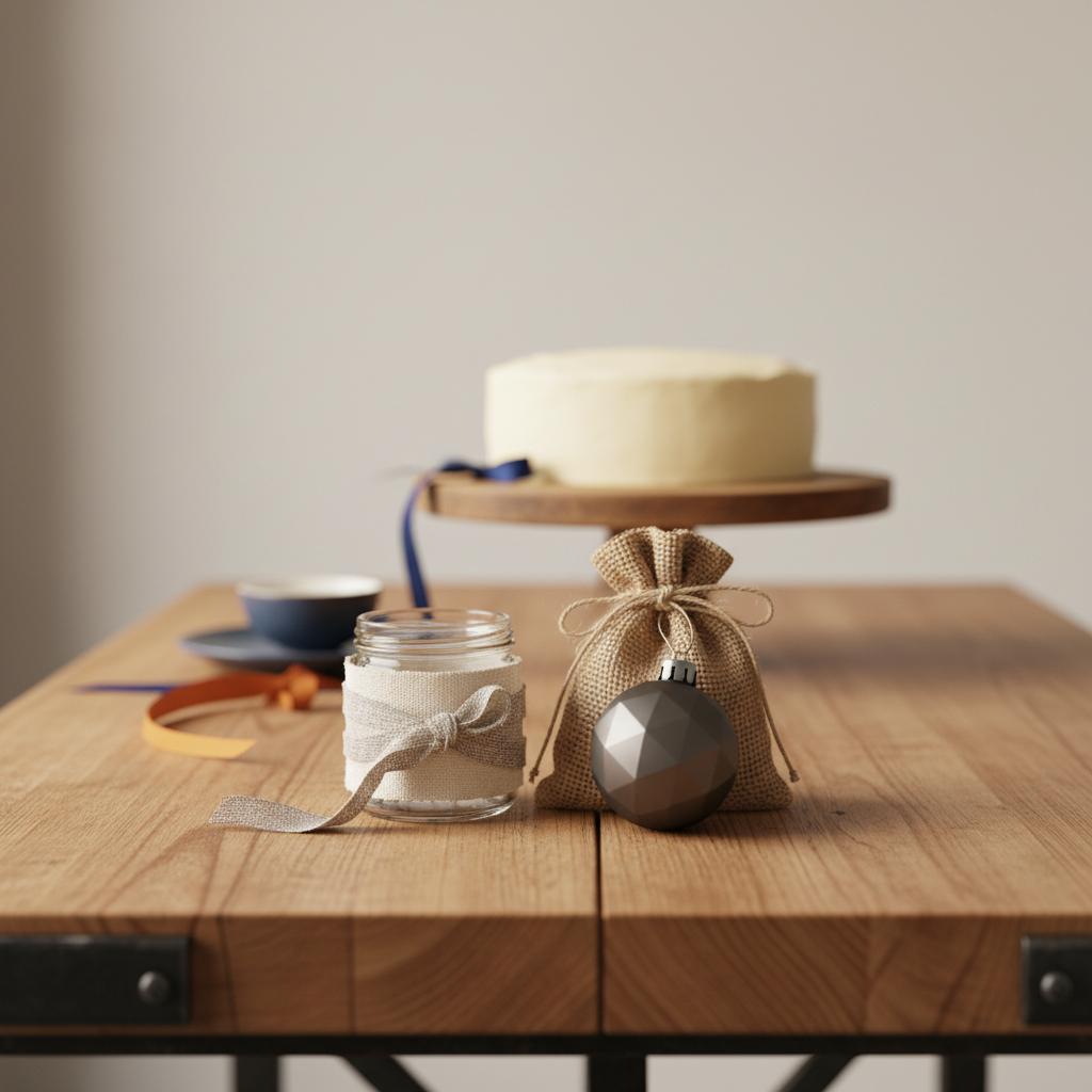 Nahaufnahme Esstisch mit kleinen Geschenken (Glas, Jutesäckchen, Metallanhänger) und Vanillekuchen im Hintergrund in warmer, minimalistischer Industrie-Atmosphäre. Welche Kleinigkeit kann ich verschenken?