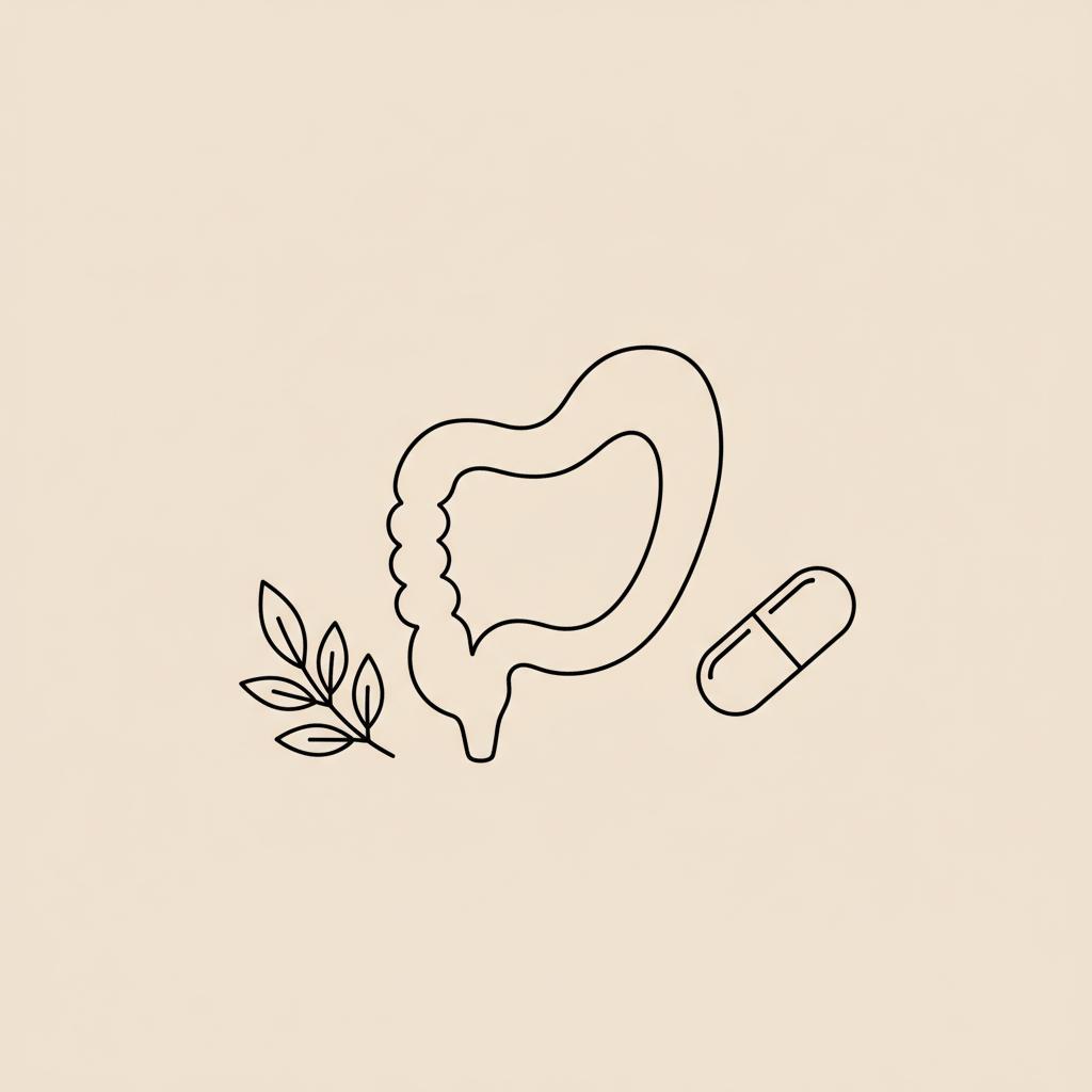 Minimalist line illustration of an abstract gut silhouette with a capsule and small plant leaves on a beige background, referencing microbiome support and pendulum weight loss.