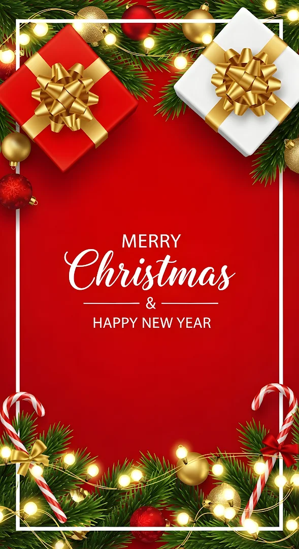 Vibrant Red Christmas Greeting with Gifts and Garland
