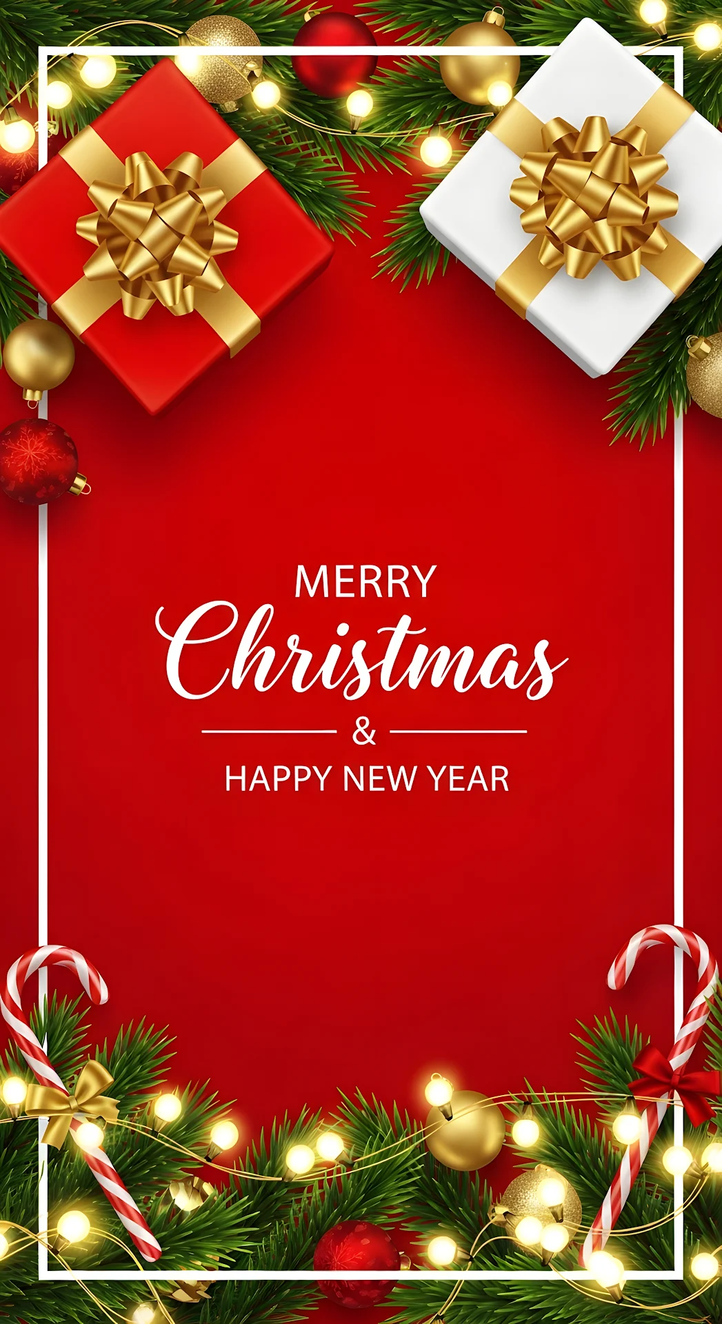 Vibrant Red Christmas Greeting with Gifts and Garland - Free 4K mobile Wallpaper