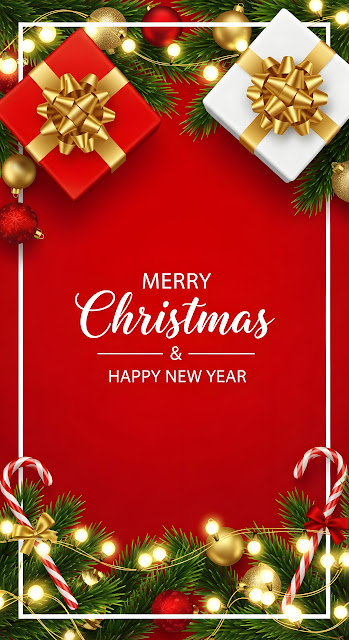 Vibrant Red Christmas Greeting with Gifts and Garland - Free mobile Wallpaper