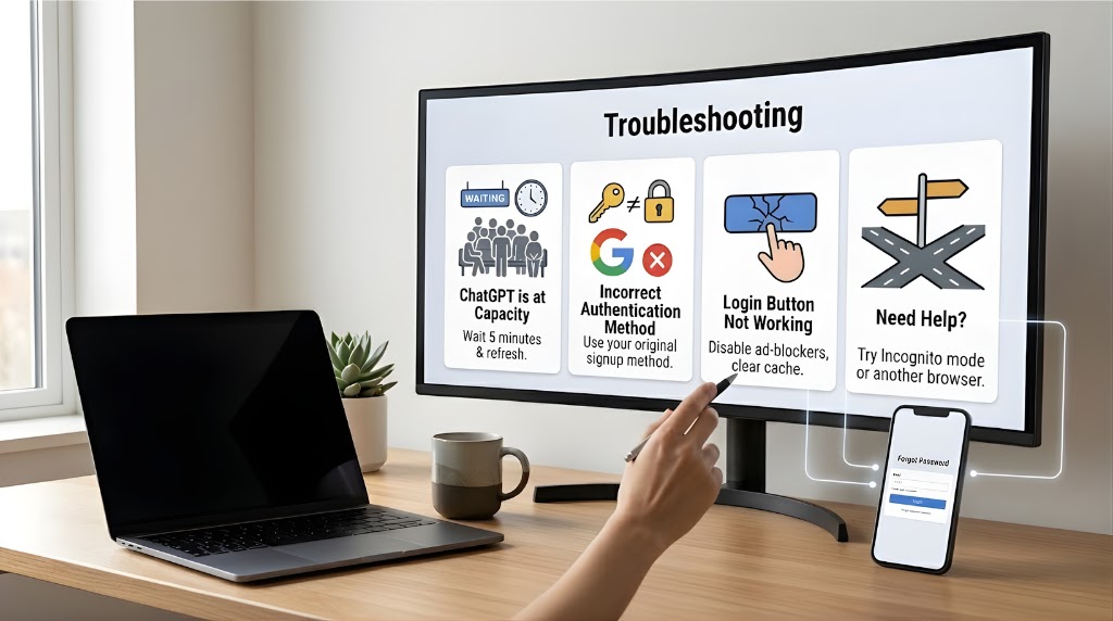 An intuitive troubleshooting infographic displayed on a monitor, explaining solutions for ChatGPT is at capacity, method mismatch, and unresponsive login button errors.