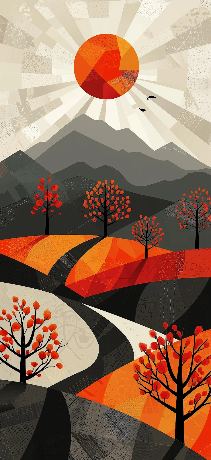 Abstract Mountain Sunrise Landscape - Digital Illustration 2K iPhone Wallpaper (1472x3200)