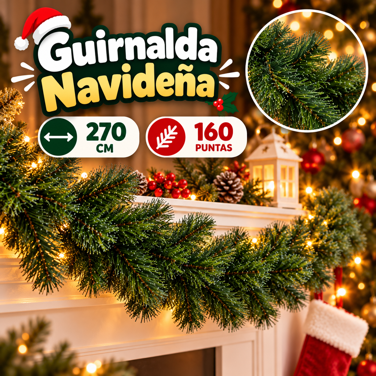 Guirnalda de pino artificial 2,7 m 160 puntas
