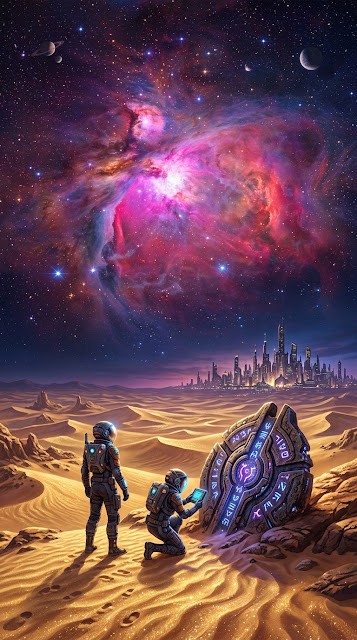 Sci-Fi Desert Landscape with Glowing Nebula and Alien Artifact - Free mobile Wallpaper