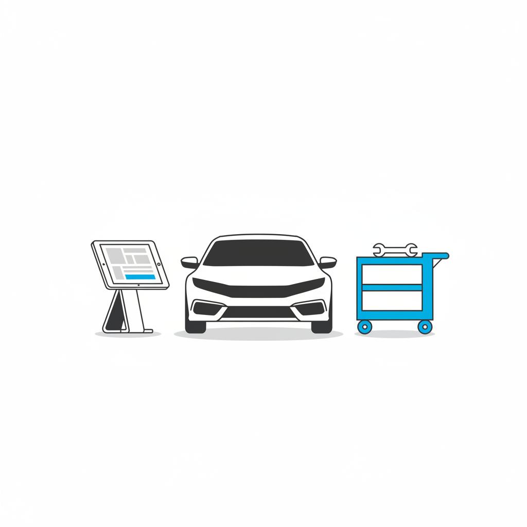 Minimalist vector illustration of a compact sedan next to a tablet showing a vehicle history report during a pre purchase inspection used honda civic for sale
