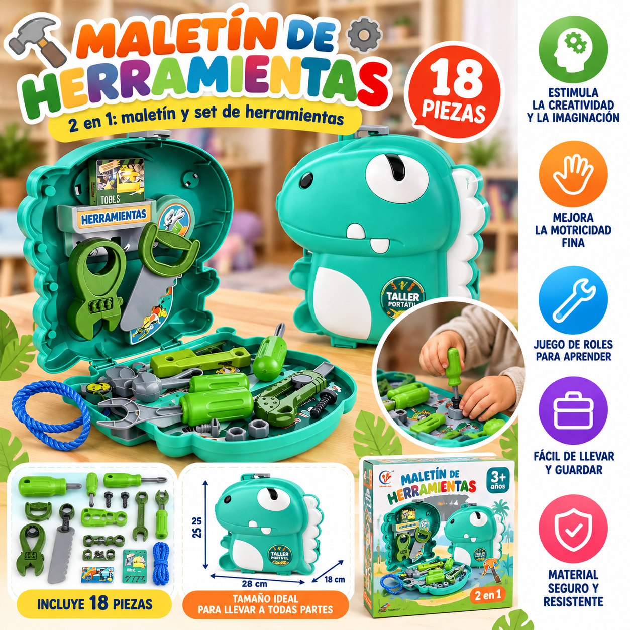 Caja de herramientas de dinosaurio 2 en 1