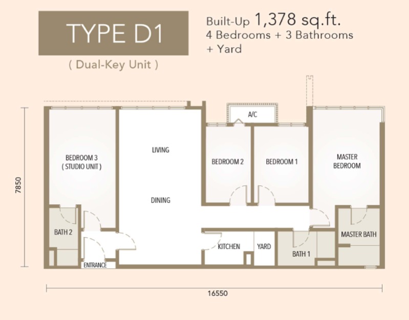 The Maple Residences Type D1 floor plan — 1378 sq ft, 4 bedrooms
