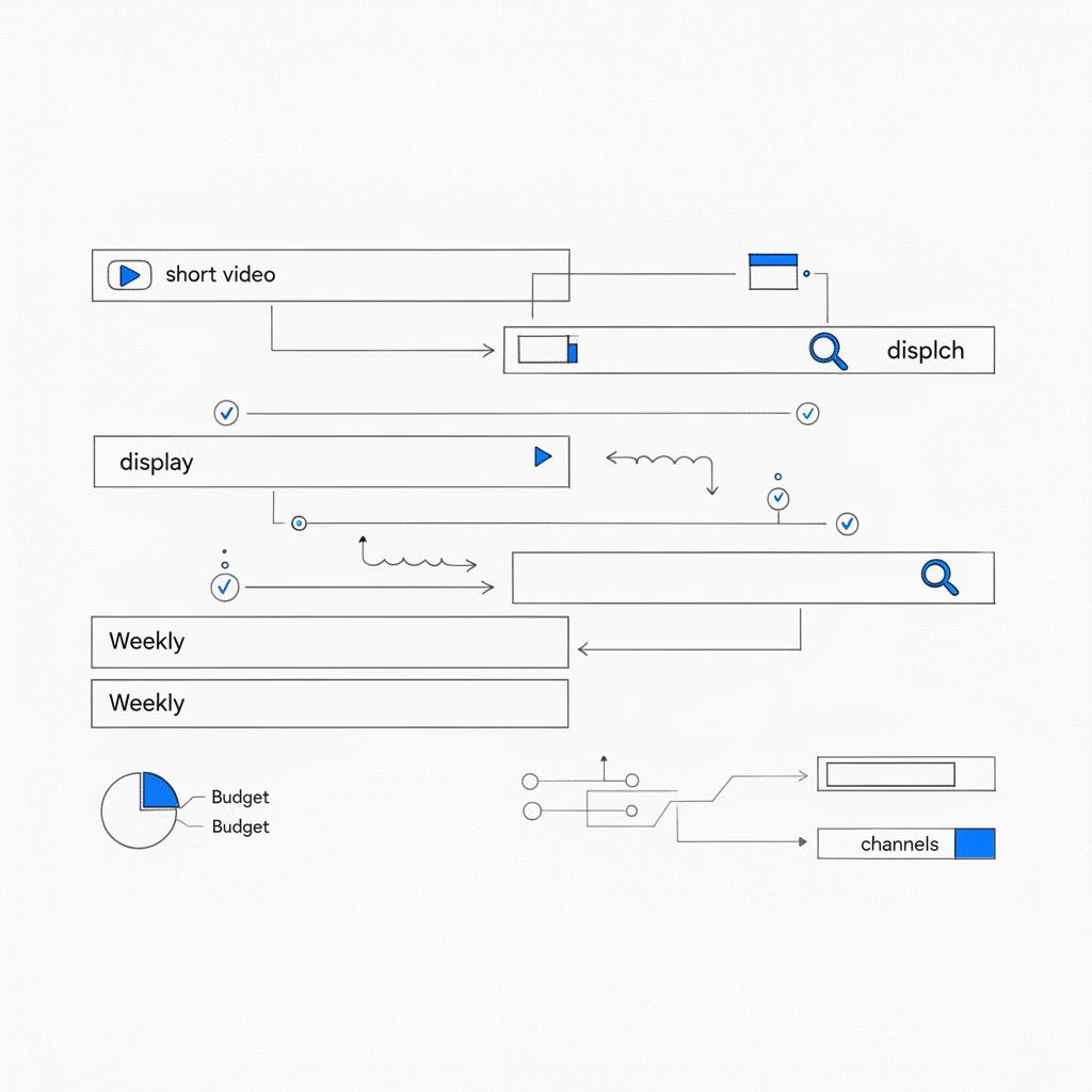 Close-up sketch of a week-by-week campaign timeline on white paper with boxes, icons for short video, display and search, arrows and seven touchpoint markers illustrating the rule of 7 in advertising.