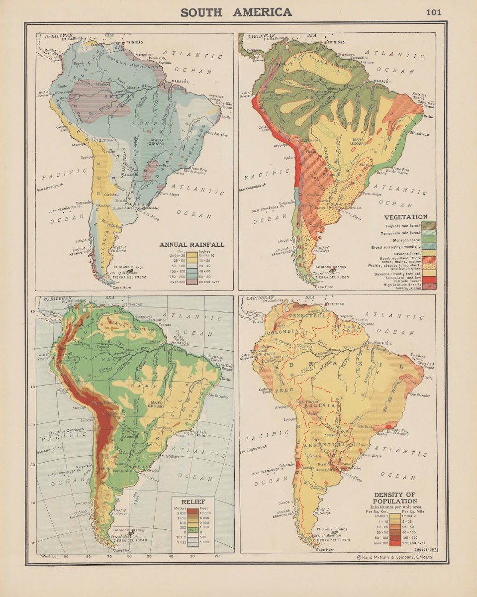 South America Annual Rainfall Vegetation Land Relief Density of Population 1943