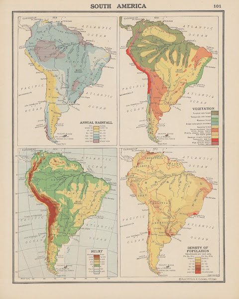 South America Annual Rainfall Vegetation Land Relief Density of Population 1943