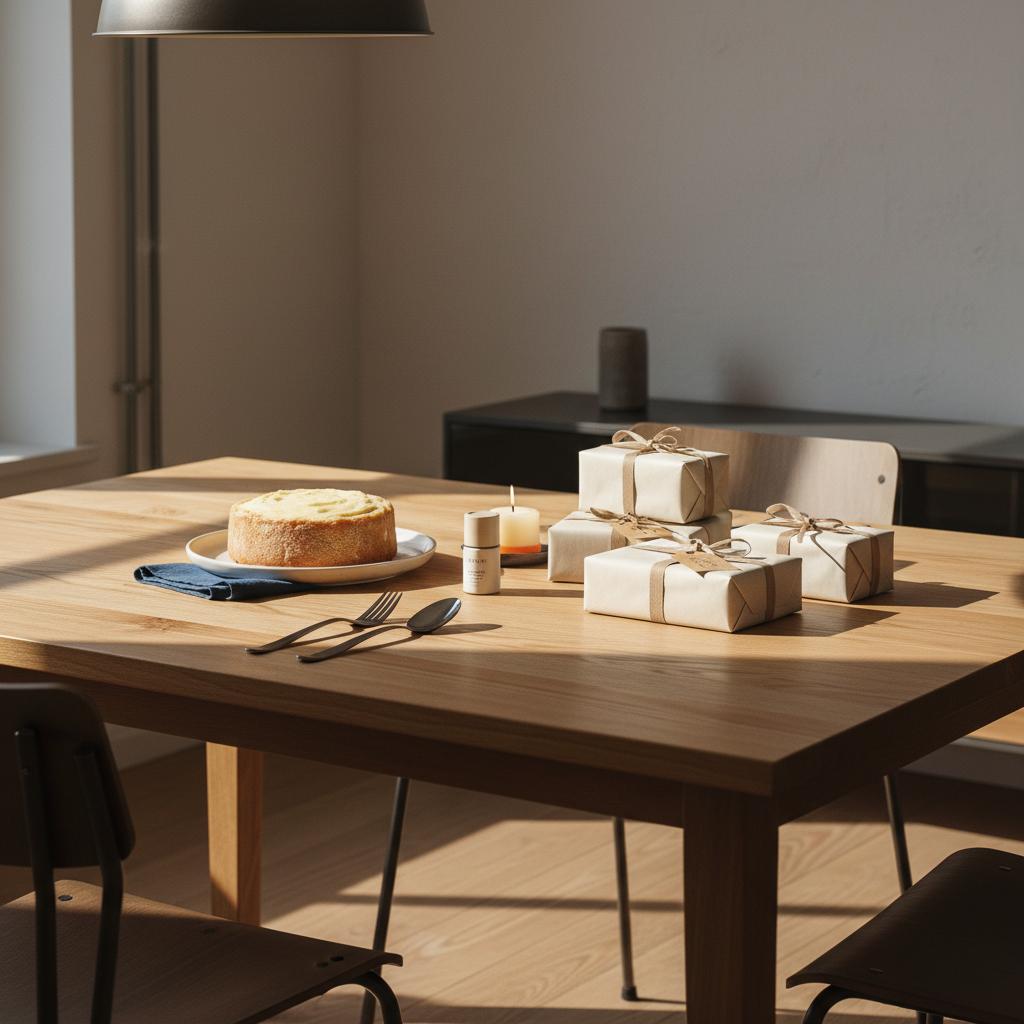Intime Esstischszene mit Geschenken und Vanillekuchen, Fokus auf Geschenkdetails und das Produkt aus Referenzfotos, symbolisiert die bindung zwischen brüdern