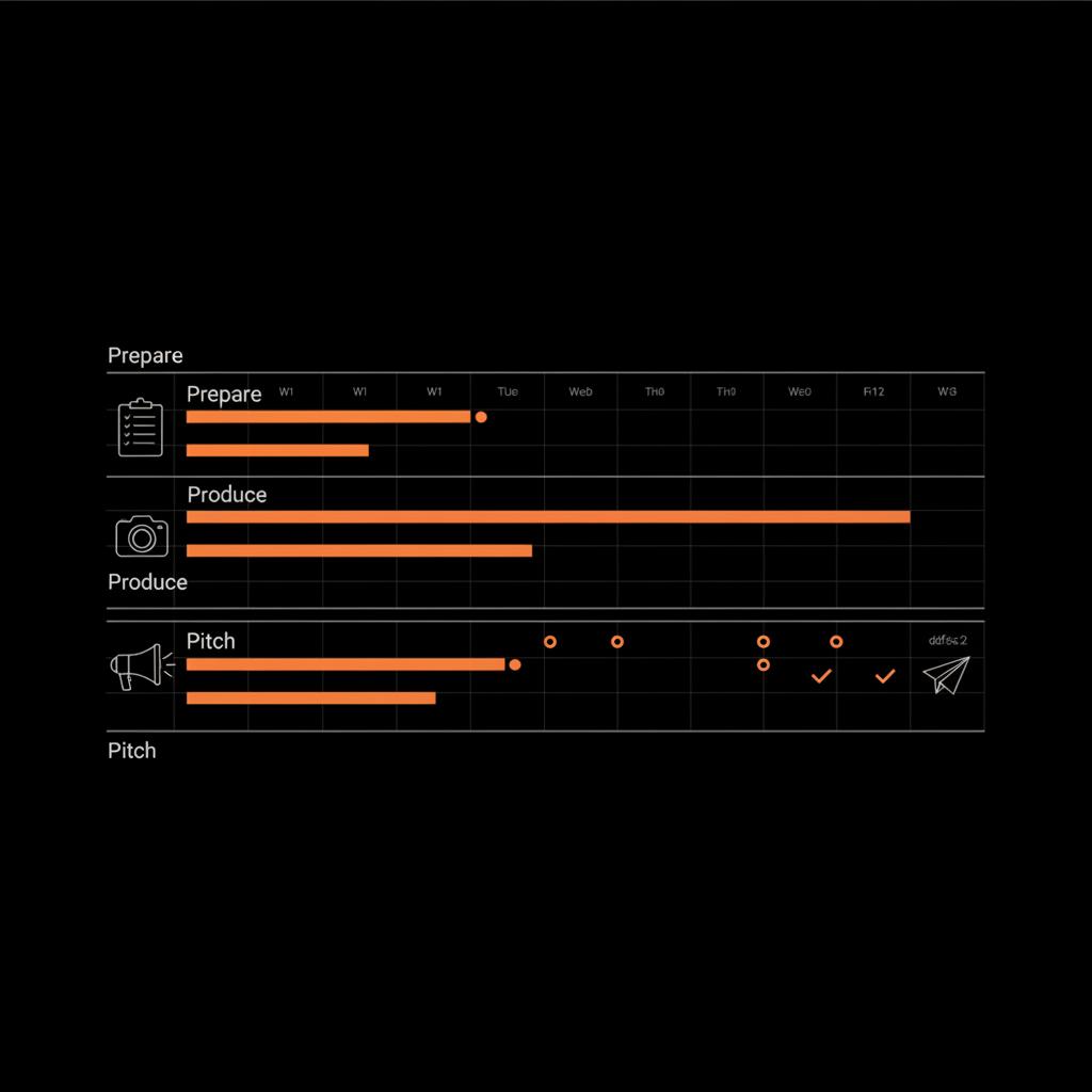 Minimal vector 90-day calendar infographic showing three phases: Prepare, Produce, Pitch — visual guide for how to get featured on Forbes, black background, gray icons, orange accents.