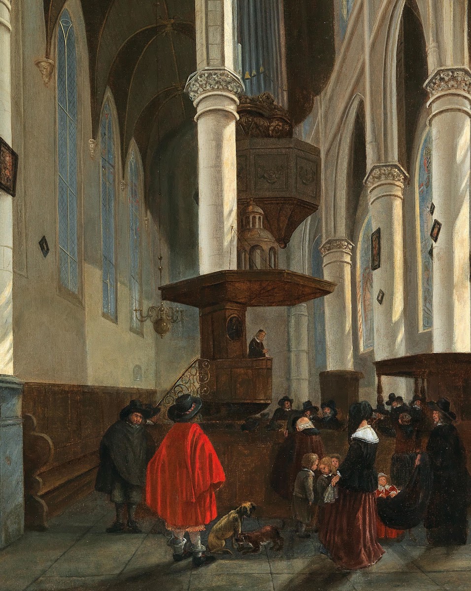 A church interior with a preacher in a pulpit