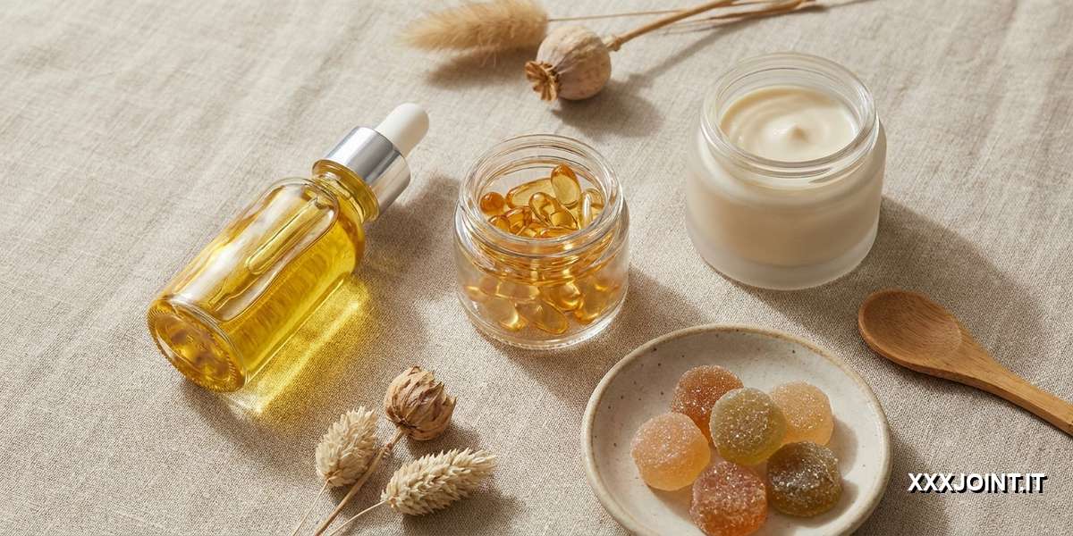 Varietà di prodotti legali a base di CBD disposti ordinatamente su fondo neutro