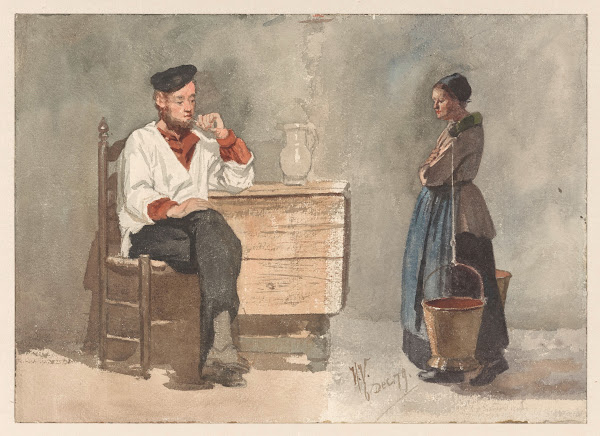 Rokende matroos vrouw met juk en melkemmers 1879