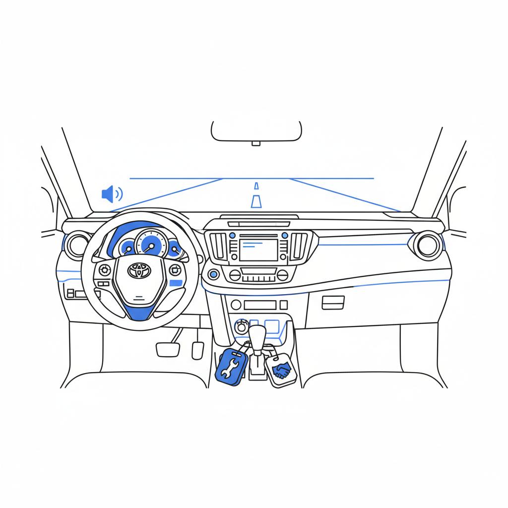 Flat 2D vector of a RAV4 interior dashboard inspection during a pre purchase test drive with highlighted controls and sound wave icons rav 4 for sale