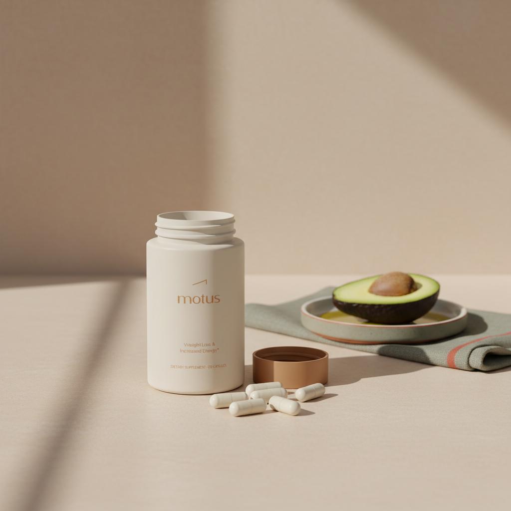 Open Nature Craft Liver Support bottle on beige countertop with spilled capsules, olive oil dish and sliced avocado suggesting when to take nature craft liver support with a meal containing fat.