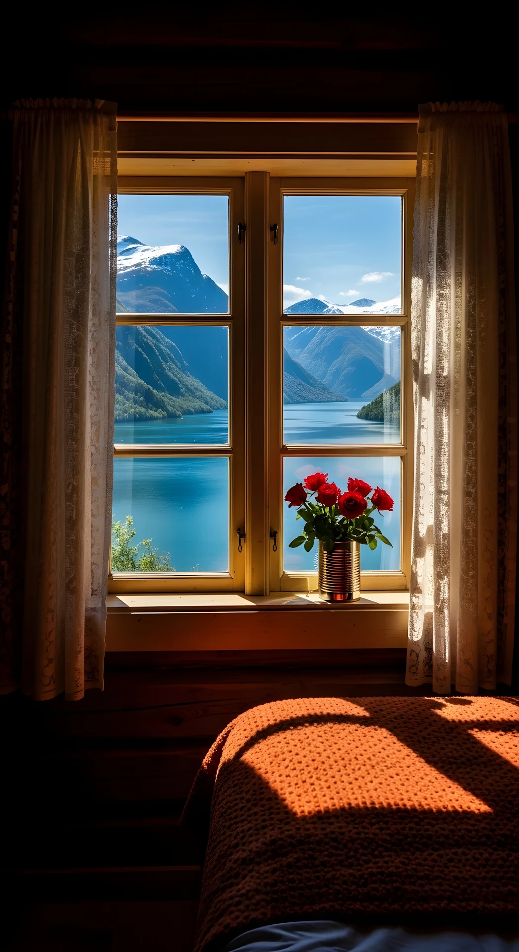 Window View of Norwegian Fjord and Snow Capped Mountains - Free 4K mobile Wallpaper
