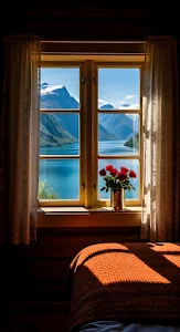 Window View of Norwegian Fjord and Snow Capped Mountains