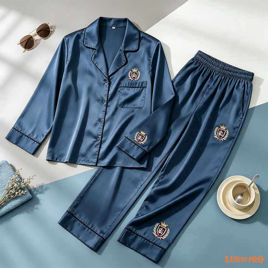 AOP Trimmed Full Length Adult Long Sleeved Pajama Set with One Pocket on Chest