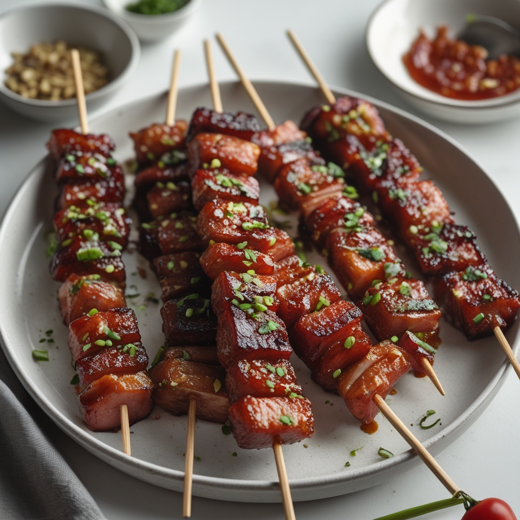 Crispy Korean Kimchi Glazed Pork Belly Skewers with Sesame Crunch