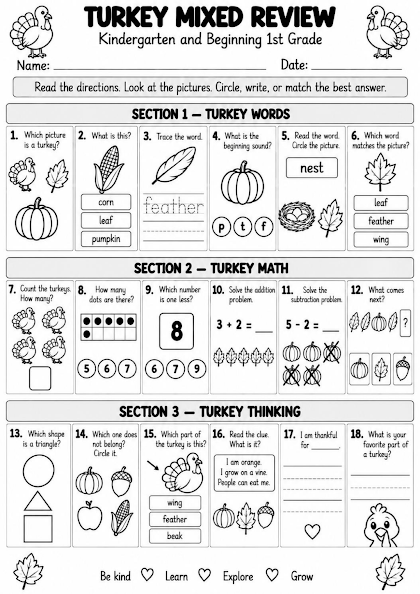 Turkey Mixed Review Worksheet