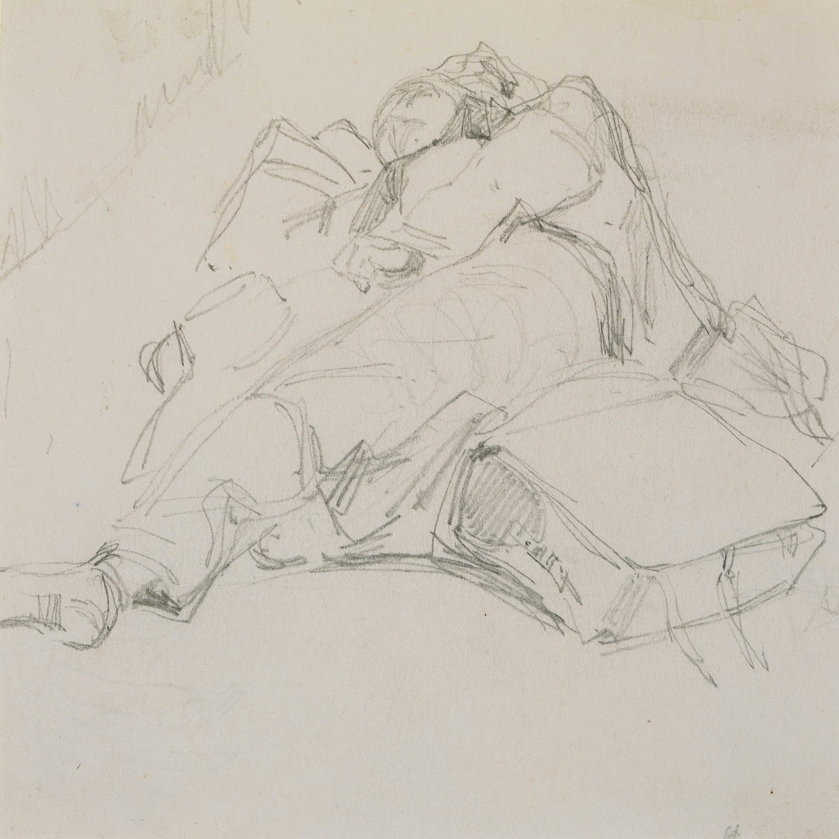 A man asleep on a pile of luggage 1858