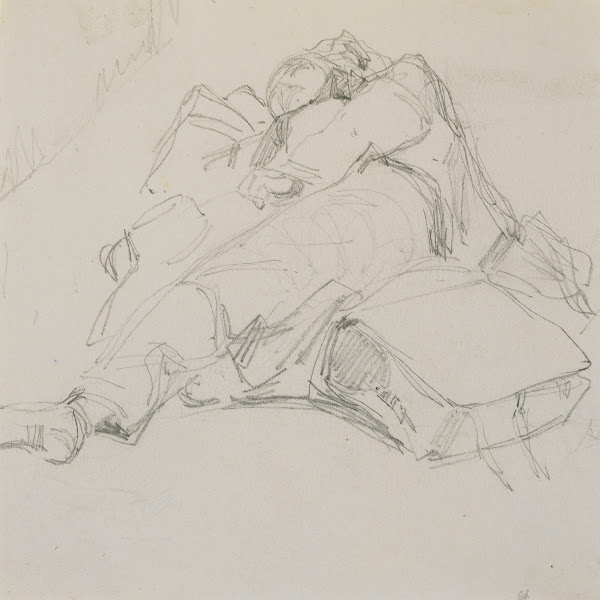 A man asleep on a pile of luggage 1858