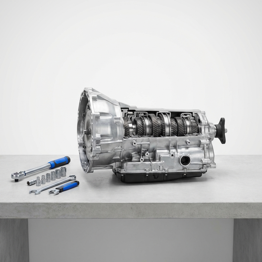 High detail studio photo of an automatic transmission on a workbench illustrating common Dodge problems in transmission gears and housing with subtle blue accents