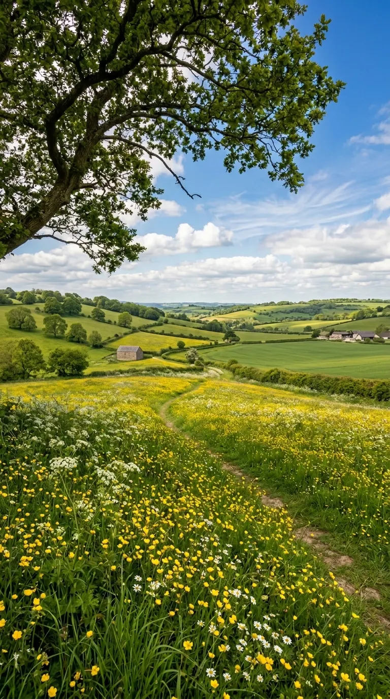 Scenic Landscape of Rolling Green Hills and Yellow Wildflower Meadow - Free 4K mobile Wallpaper