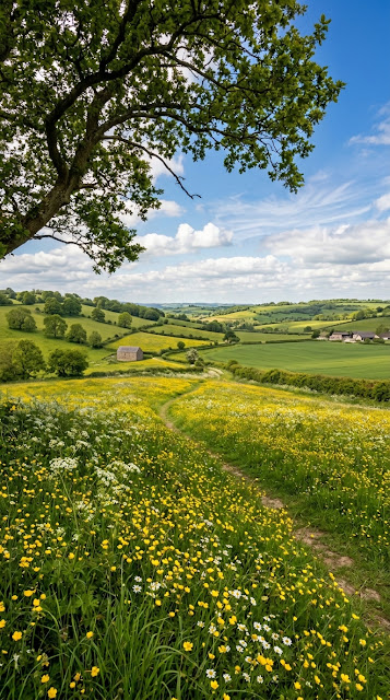 Scenic Landscape of Rolling Green Hills and Yellow Wildflower Meadow - Free mobile Wallpaper