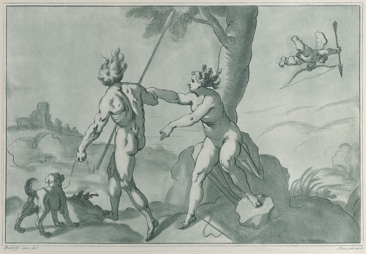 Venus and Adonis nude in a landscape with a dog at left and Cupid at upper right