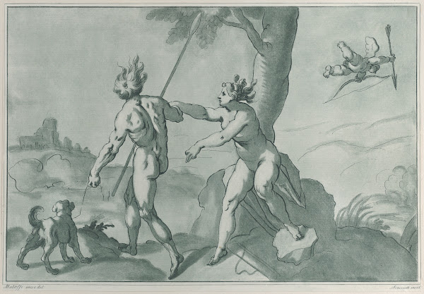 Venus and Adonis nude in a landscape with a dog at left and Cupid at upper right