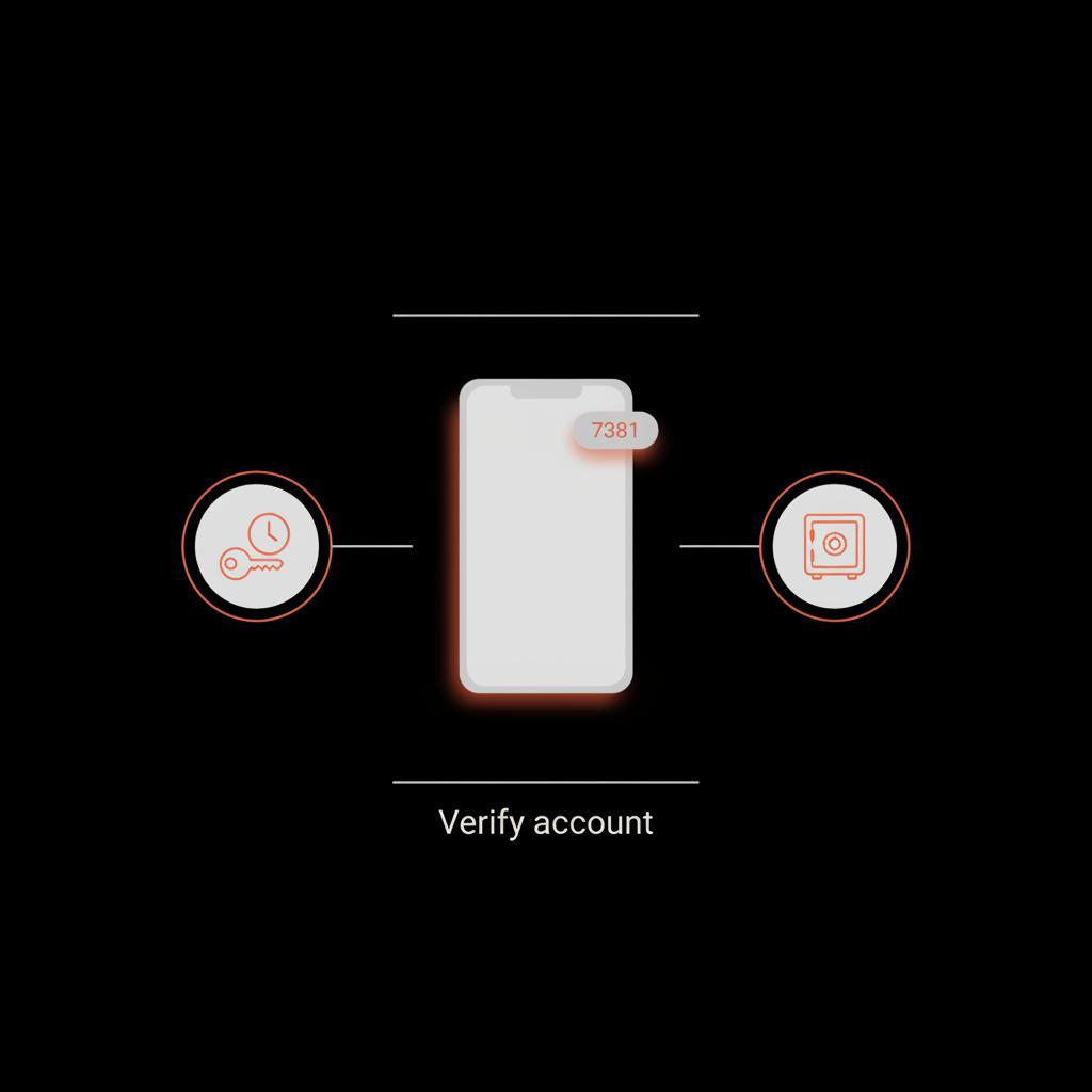 Minimal vector infographic on black background showing a smartphone with a verification code bubble, an authenticator app icon and a safe box icon to illustrate steps to regain access to my Yahoo email account