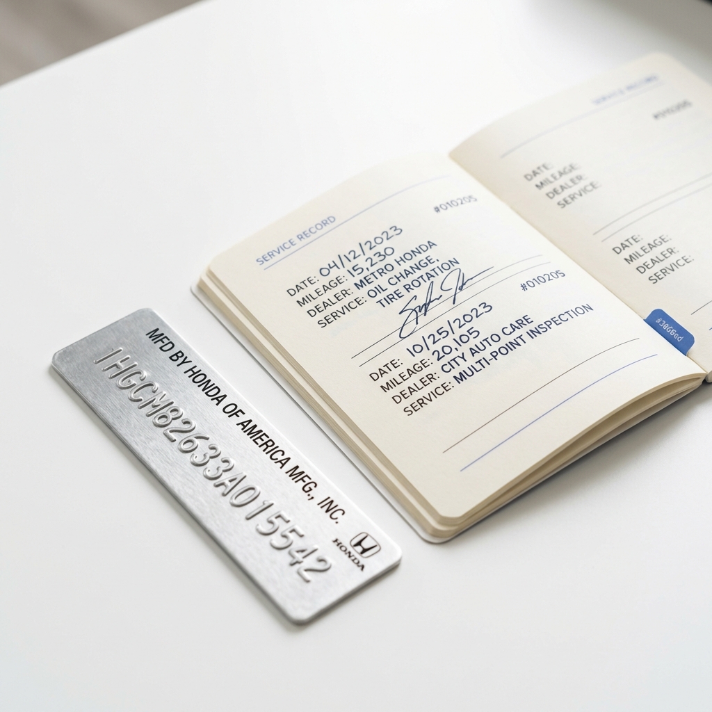Close up of VIN plate and open service stamp booklet on a white workbench showing stamped service history and VIN details used porsche for sale
