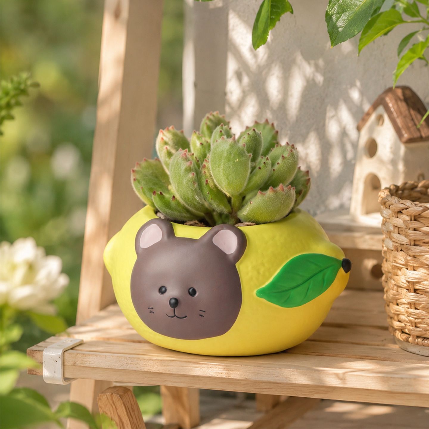 Flower pot bear and lemon, ceramic, painted
