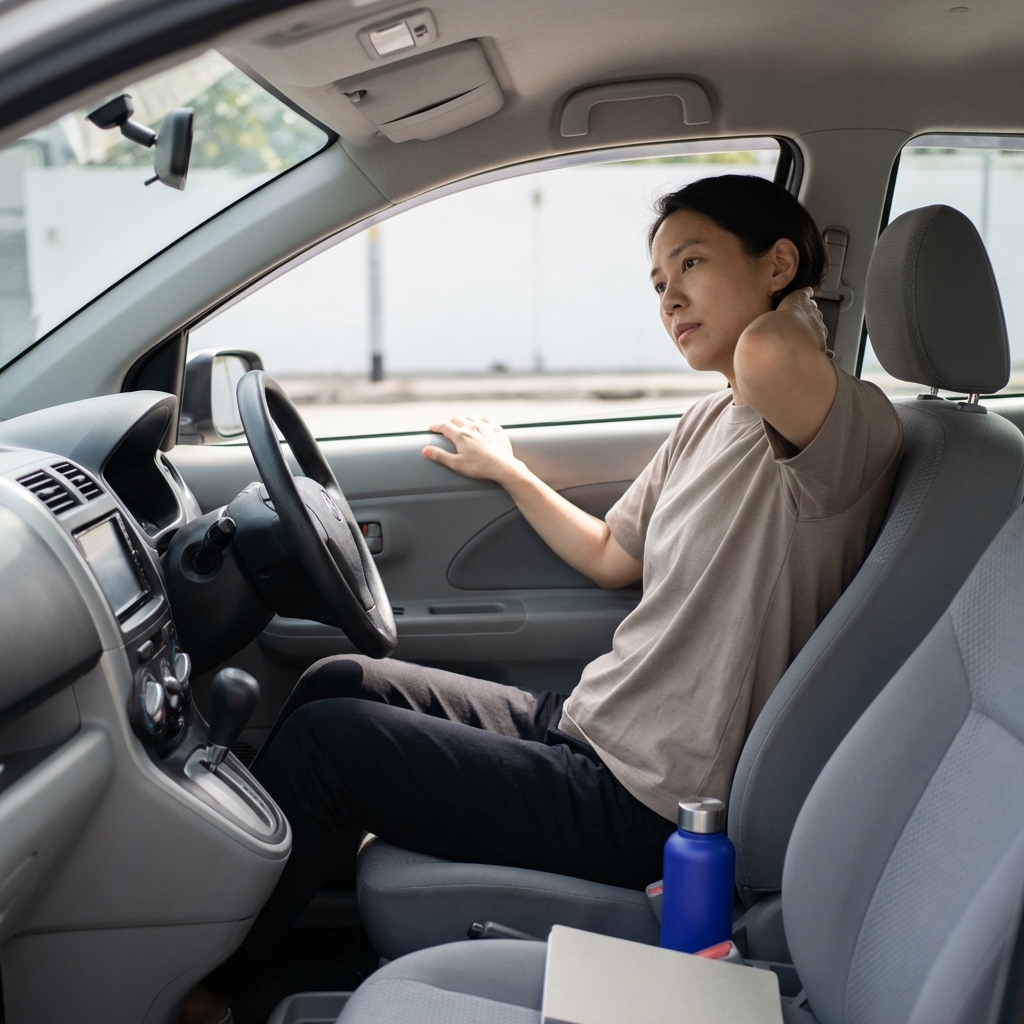 Person in parked car opening window stretching before driving after a sleepless night minimalist composition in Talk About Sleep colors tips for insomnia