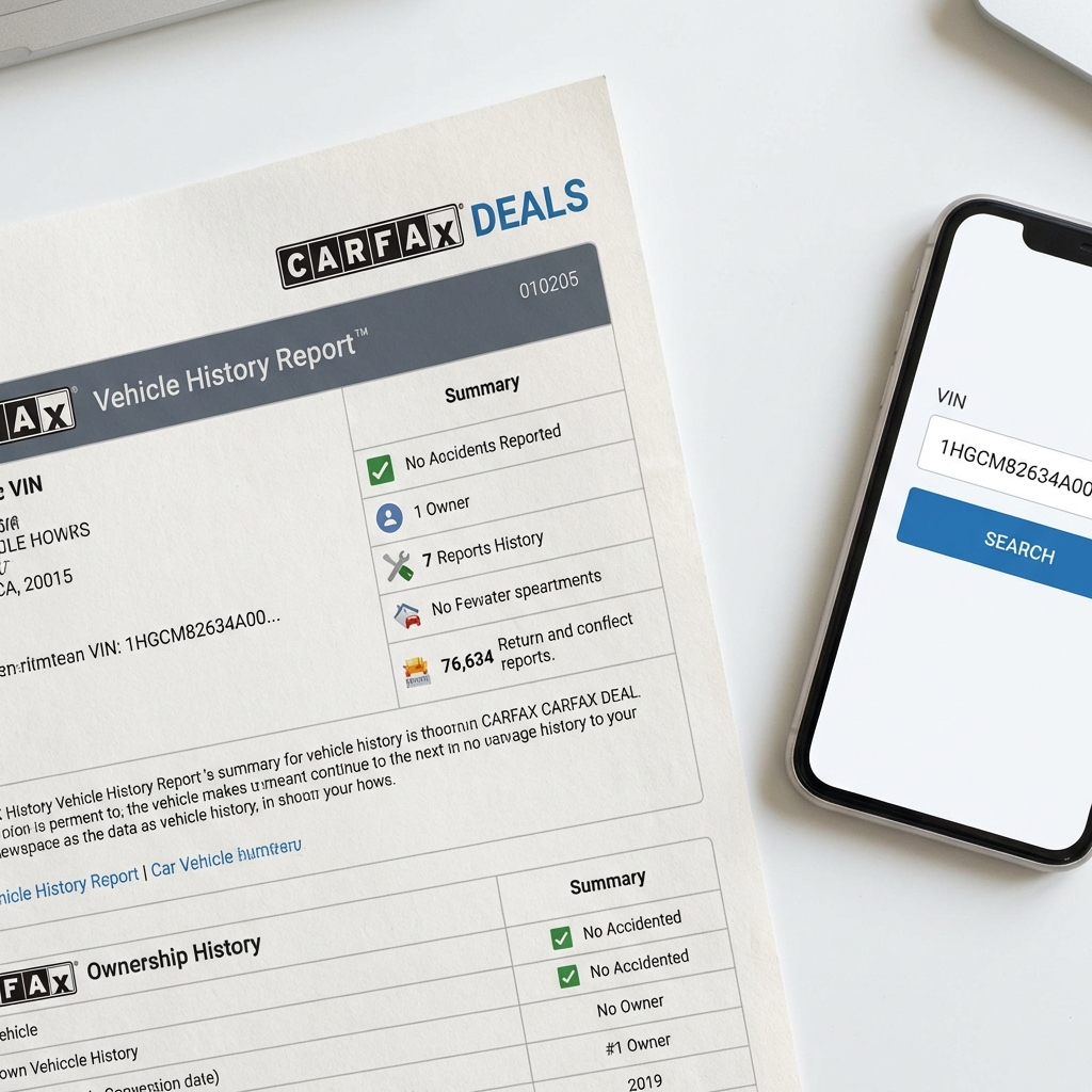 Close up of printed vehicle history report and smartphone VIN entry for toyotas for sale with CarFax Deals blue accents and clean white background