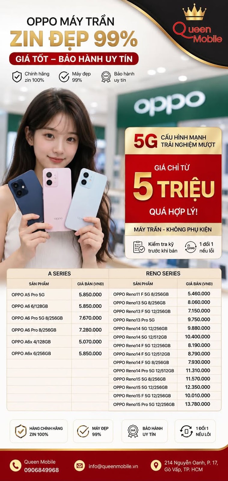 Price list of OPPO Reno and A Series beautiful 99% original phones, newly updated #OPPO #OPPOReno15 #OPPOReno14 #OPPOReno13 #OPPOA6 #OPPOA5Pro #BangGiaOPPO #QueenMobile
