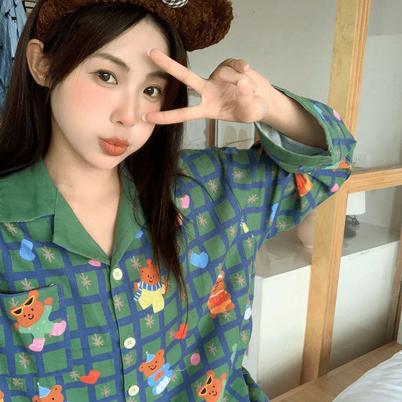 Women's pajama set made of cotton blend with plaid pattern