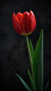 Vibrant Red Tulip with Dew Drops Dark Contrast