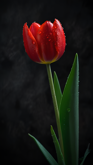 Vibrant Red Tulip with Dew Drops Dark Contrast - Free mobile Wallpaper