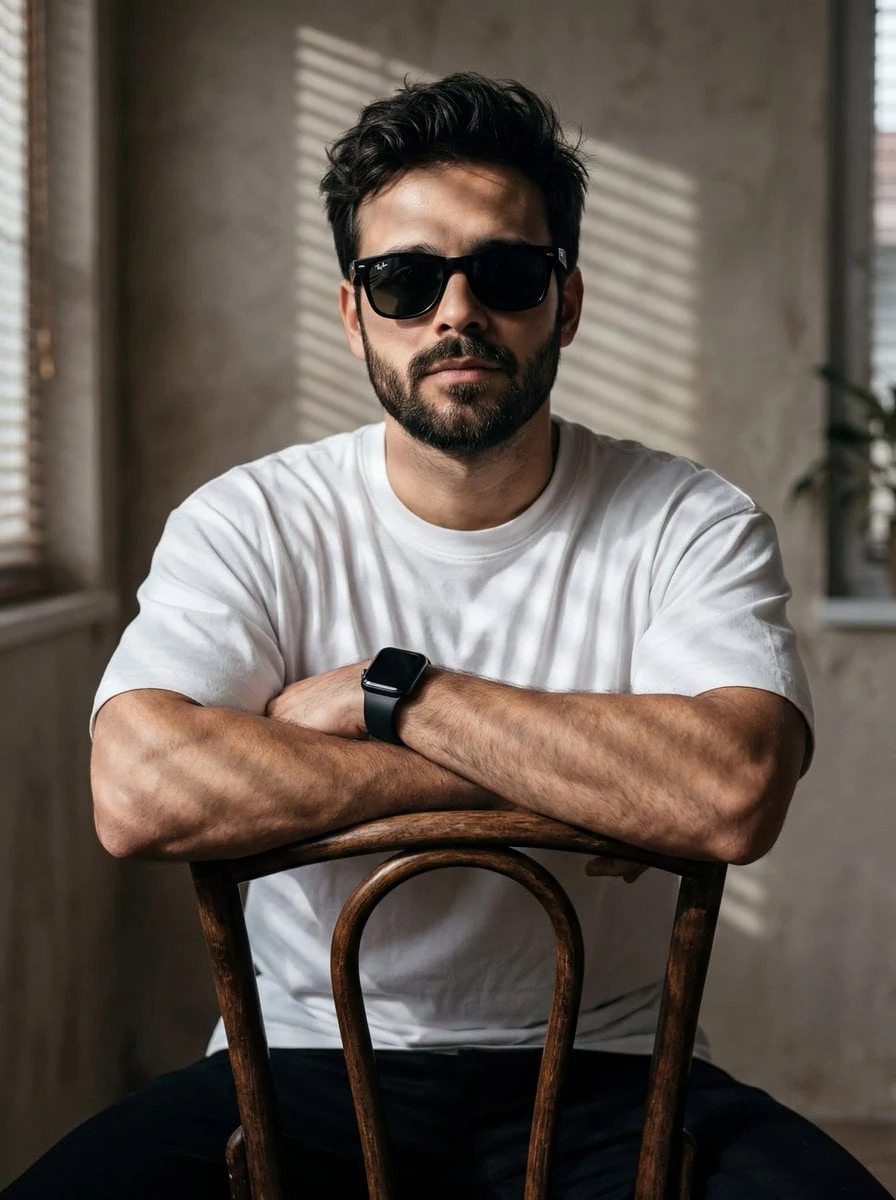Un retrato cinematográfico de alta resolución de un joven con cabello oscuro, abundante y despeinado, y una barba bien cuidada.