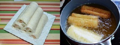 Làm nóng chảo sâu lòng với lượng dầu ngập mặt. Khi dầu bắt đầu sôi, lần lượt thả từng cuốn tôm vào chiên trên lửa nhỏ.