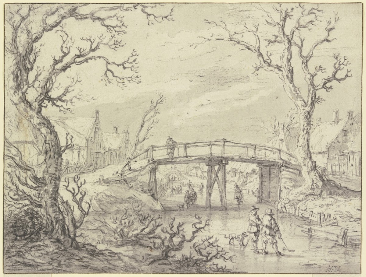 Über einen zugefrorenen Kanal bei einem Dorf eine Holzbrücke vorne zwei Männer m