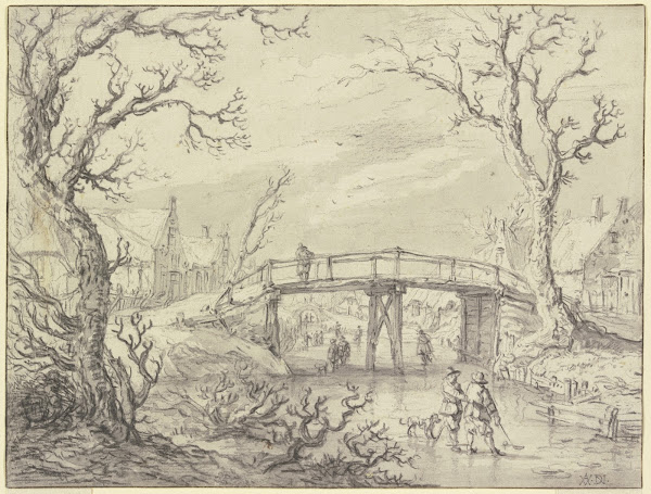 Über einen zugefrorenen Kanal bei einem Dorf eine Holzbrücke vorne zwei Männer m