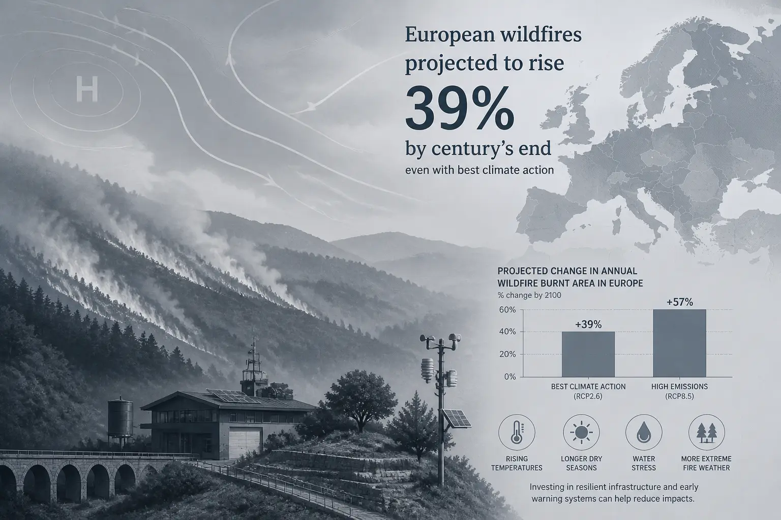 Editorial image for European wildfires projected to rise 39% by century's end even with best climate action